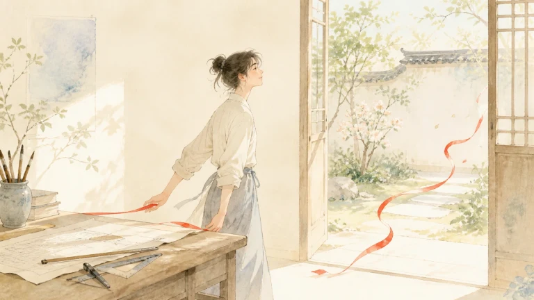 一名女子站在敞开的庭院门边，红色丝带随风飘入