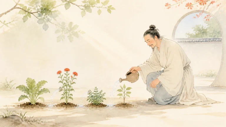 一名女子给一排不同生长阶段的花苗浇水