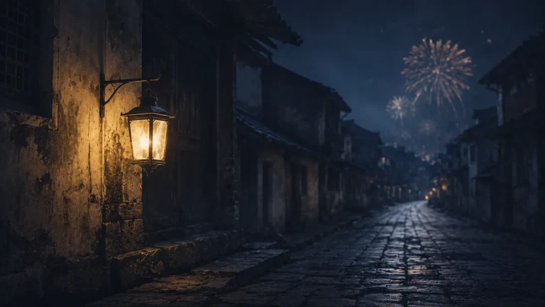 夜色老巷墙灯亮起，远处天空绽放烟花