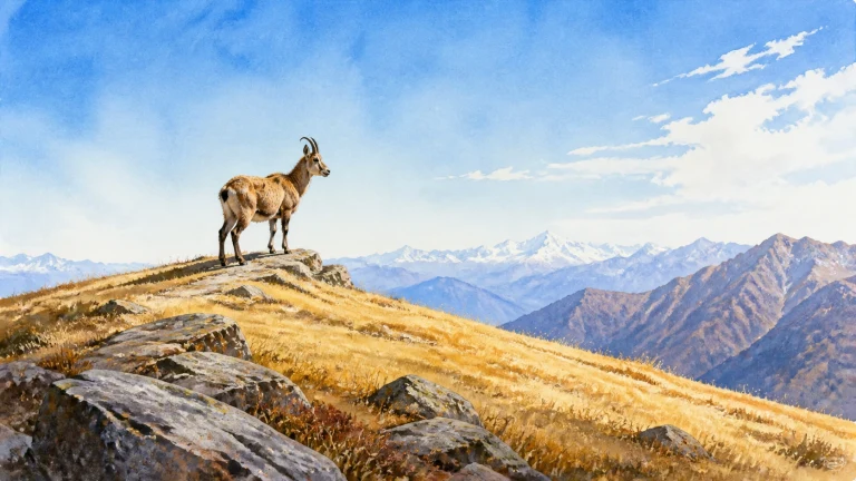 一只山羊站在晴朗雪山前的高山脊顶