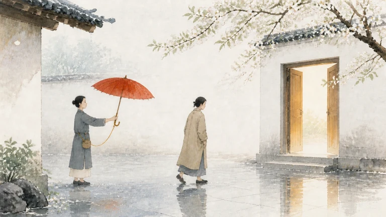 一人撑着红伞在雨中跟随另一人走向亮着光的院门