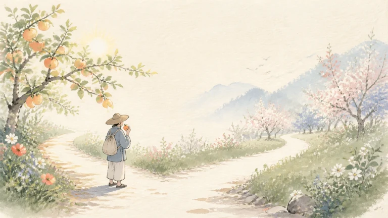 背包行人站在花树与远山之间的岔路口