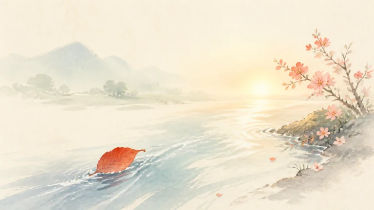 一片红叶漂在夕阳照亮的湖水中