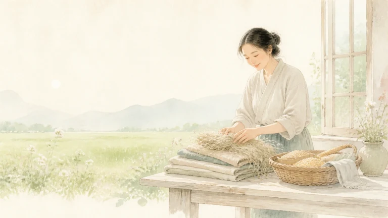 一名女子在临田窗边整理桌上的干燥植物