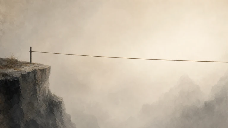 一条细绳桥横跨云雾笼罩的深谷悬崖