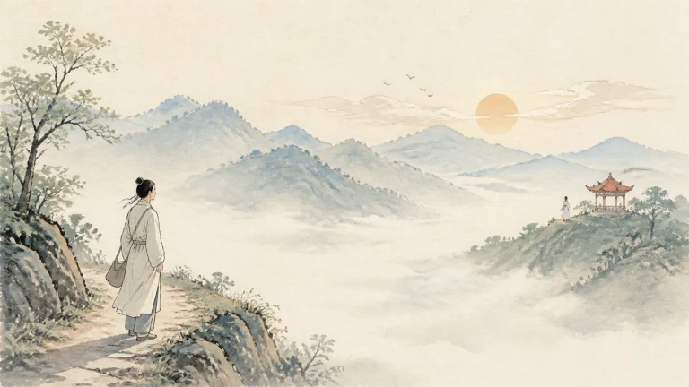 一名行人站在云海山崖上望向远处亭子