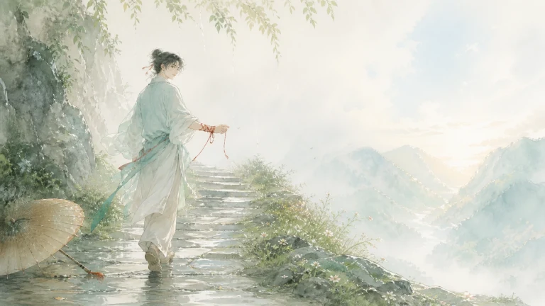 一名女子撑伞走在云雾山间的湿润石路上