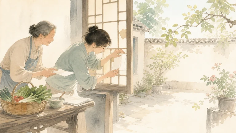 两名女子在窗边桌旁共同准备一篮蔬菜