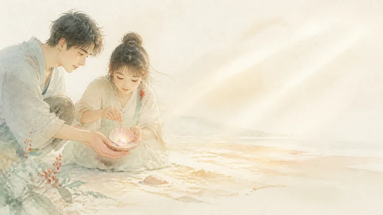 一男一女共同捧着发光的碗坐在浅水边
