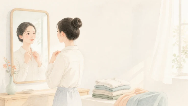 一名女子站在明亮梳妆镜前整理衣领