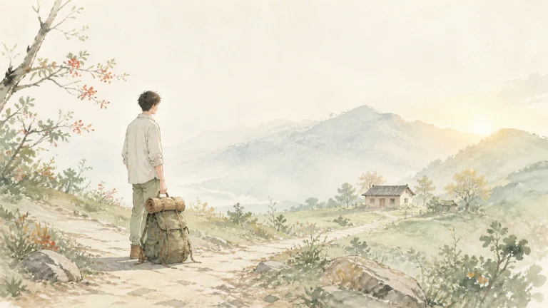 一名男子提着行李站在山路上眺望远处屋舍