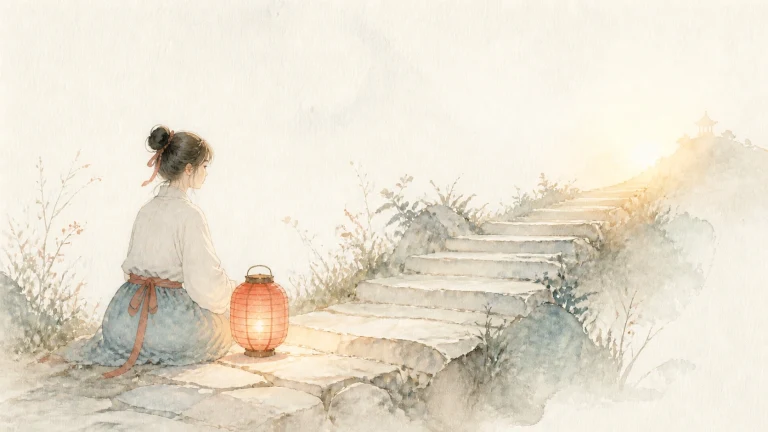 一名女子提着红灯笼坐在通往山中的石阶旁