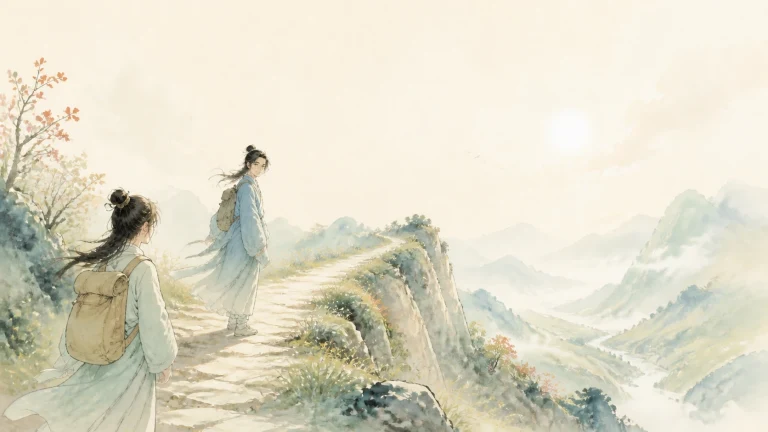 两名女子前后走在夕阳照亮的高山小路上