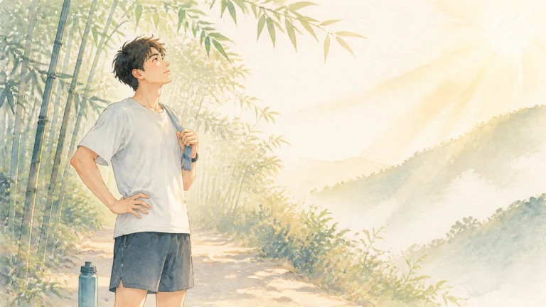 一名穿运动服的男子站在竹林小路上仰望阳光