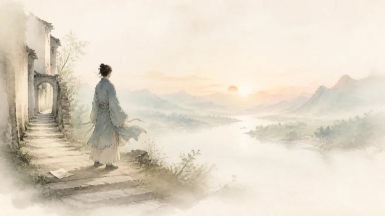 一名行人沿湖畔石阶走过院墙与夕阳山水