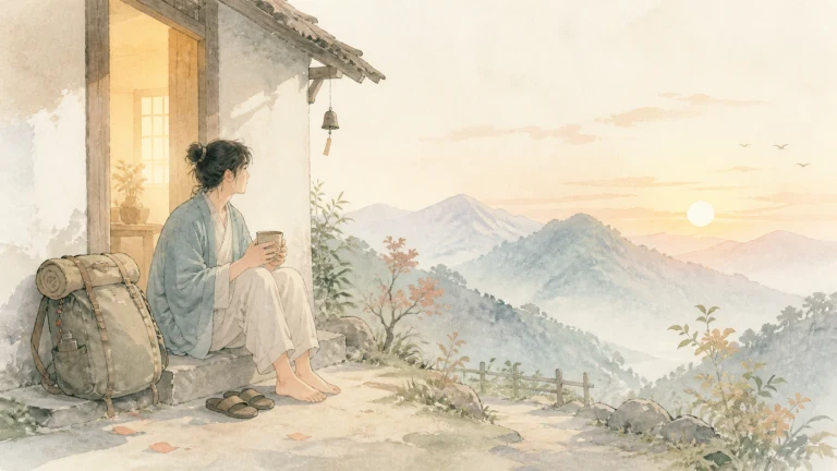 背包行人坐在山中小屋门前望向夕阳