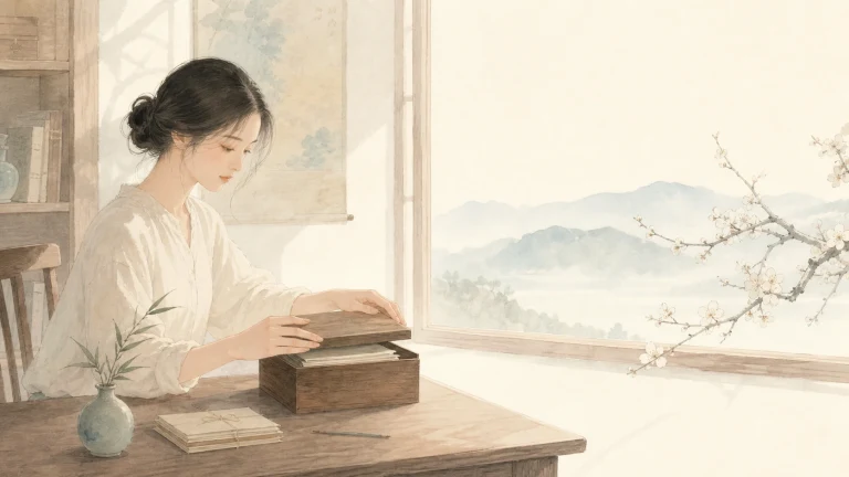 一名女子坐在窗边书桌前打开木盒