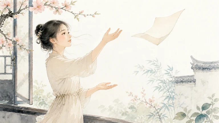 一名女子在花树窗前将一张纸抛向空中