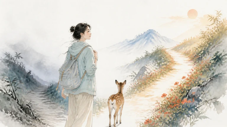 背包女子与一只小鹿站在通往雪山的明亮小路上