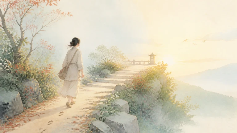 女子沿山路走向远处山间亭台
