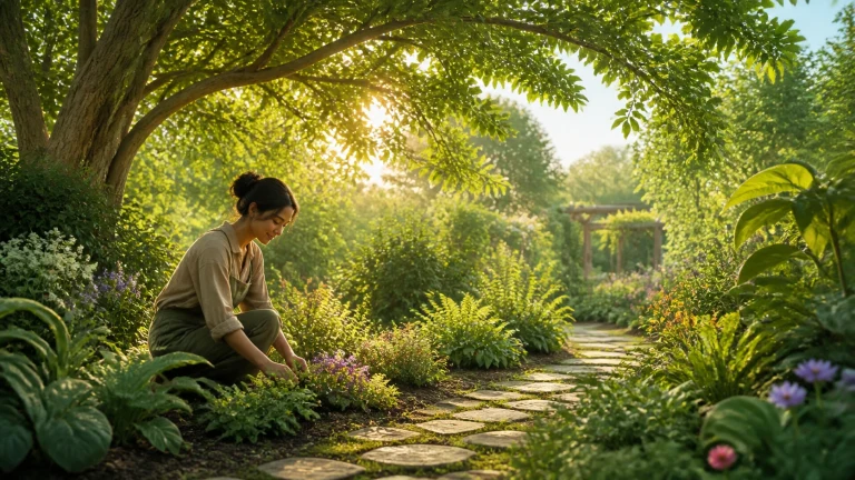 几个人蹲在浓绿花园的小径旁整理植物