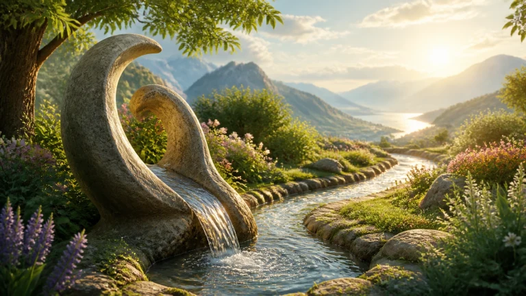 弯曲的天然石渠从溪流中伸出，水沿石面流下
