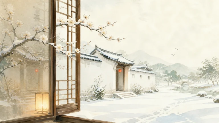 雪中古屋的门窗透出灯笼的温暖光芒