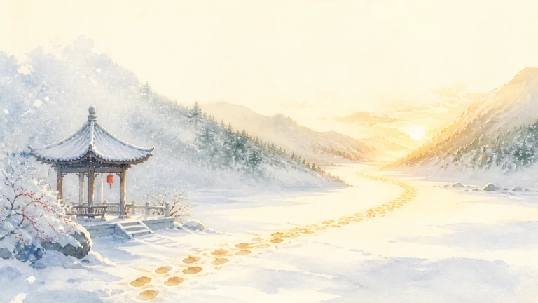 雪地脚印通向晨光中的山谷