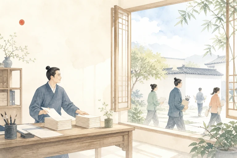 男子坐在窗边书桌前，窗外有人经过