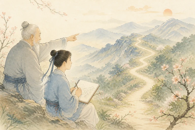 老者坐在山坡上为年轻女子指向蜿蜒山路