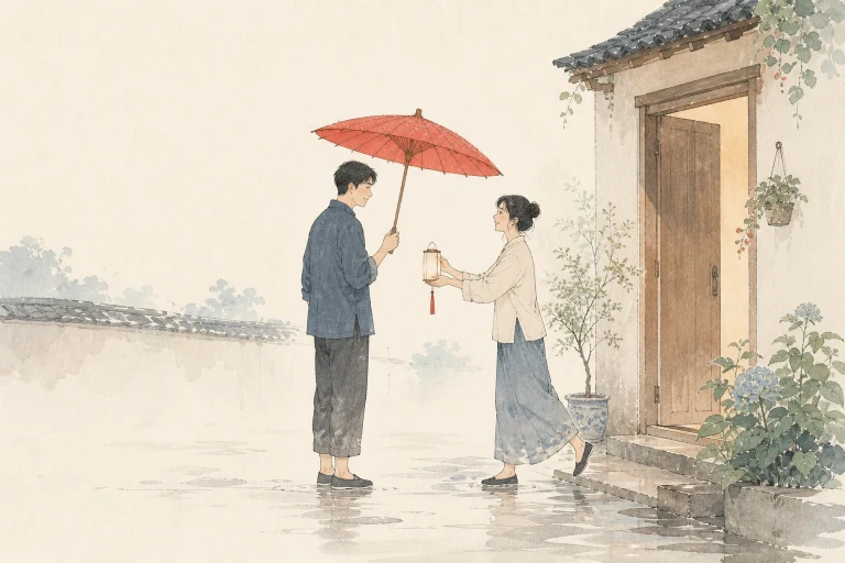 两人在雨中的红伞下递交一盏灯笼