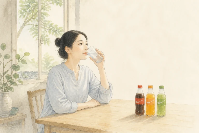 女子在窗边品尝透明瓶装饮料，桌上摆着三瓶不同颜色的饮品