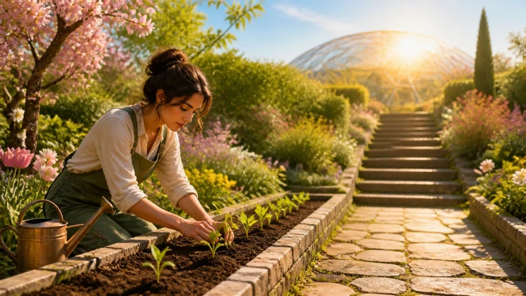 女子在日落时的花园梯田里栽种幼苗