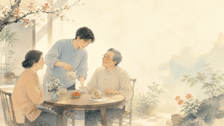 一男两女在庭院茶桌旁陪老妇用餐喝茶