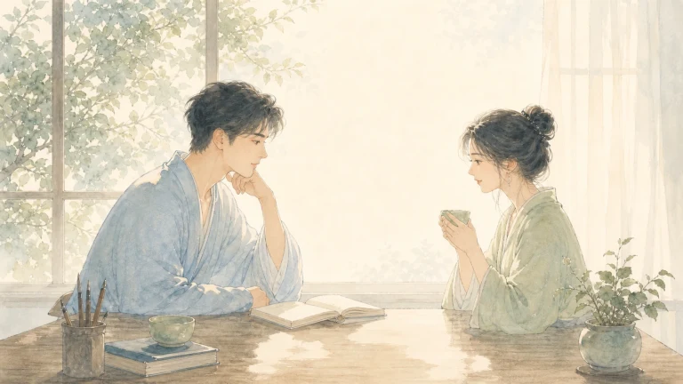 一男一女坐在窗边桌旁交谈喝茶