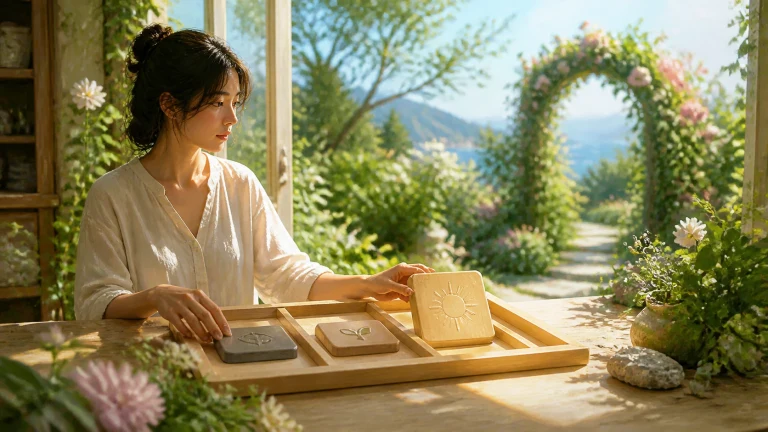 女子在花园窗边整理木盘里的压纹卡片