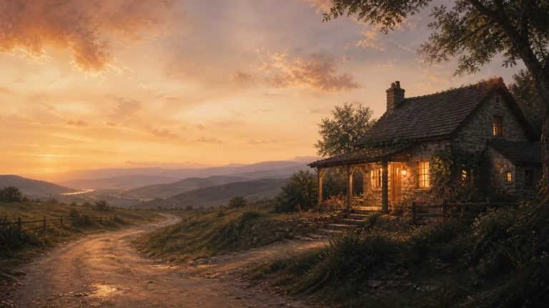 夕阳照亮山路旁亮着灯的石砌小屋