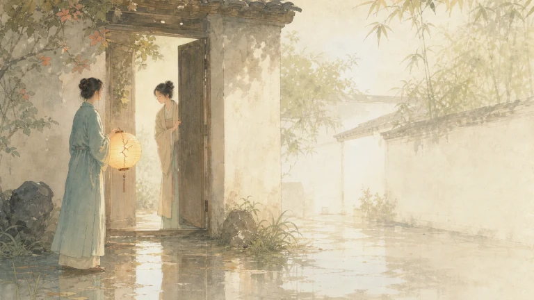 雨中庭院门口的两名女子相对而立，一人提着圆灯笼