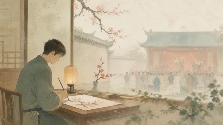 一人在窗边桌上绘画，院外聚着许多人