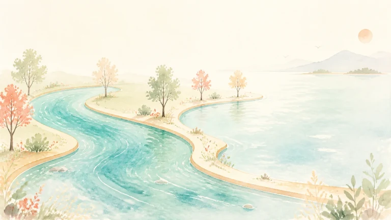 碧蓝河道蜿蜒穿过点缀秋树的湖畔平地