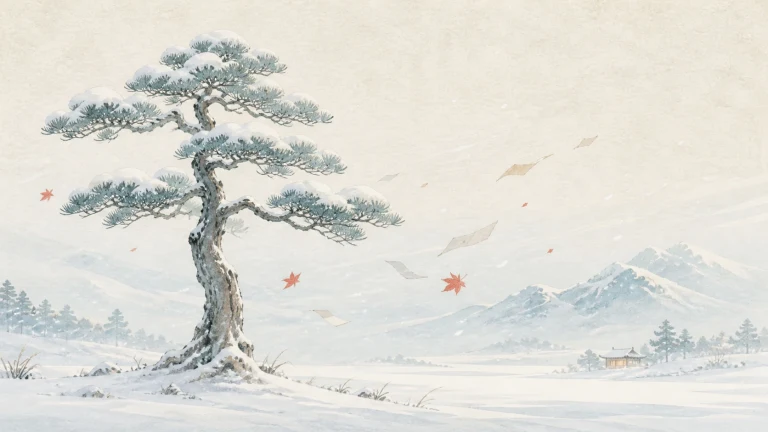 覆雪孤松立在山野中，几片红叶随风飘过