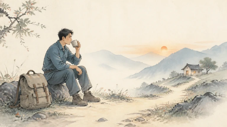 男子坐在山路旁喝水，背包放在身边