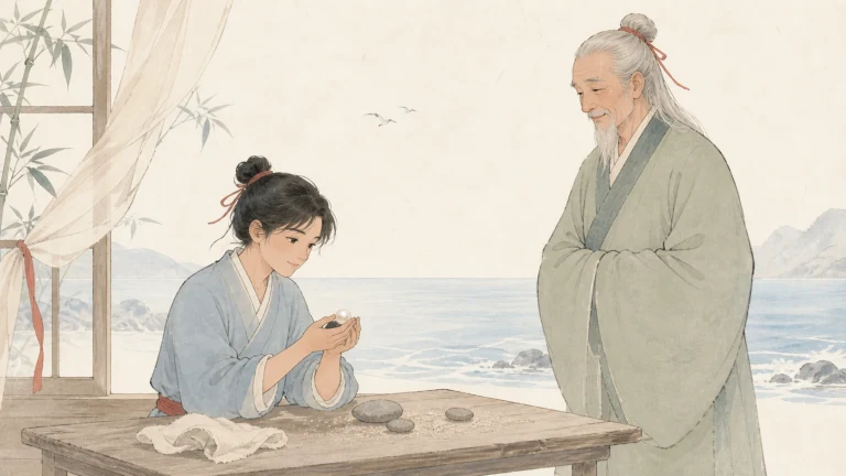 女子在桌上用双手捏制小物件，老者在旁观看