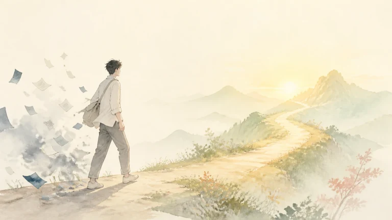 男子走向晨光中的山路，身后纸页随风飞散