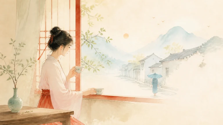 女子在窗边手持茶杯，窗外有人撑伞走过