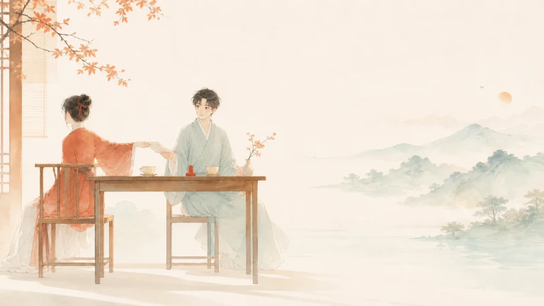 两名女子坐在湖畔桌旁，其中一人为对方倒茶