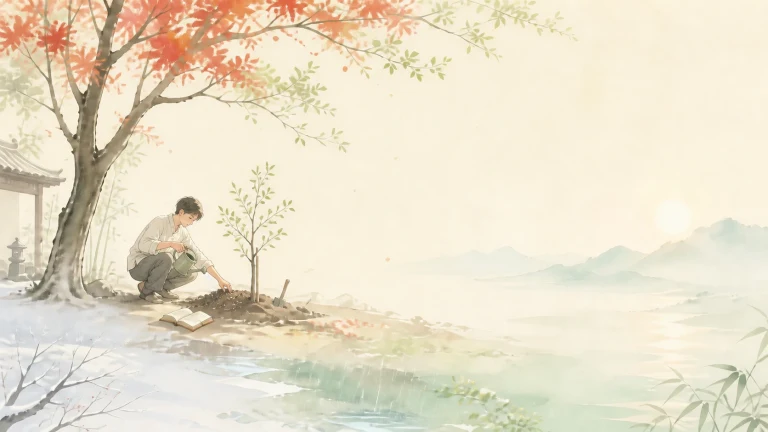 男子蹲在湖边大树下为一株幼苗培土