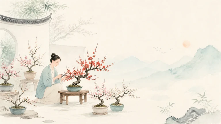 女子在山景庭院中修剪开红花的盆景