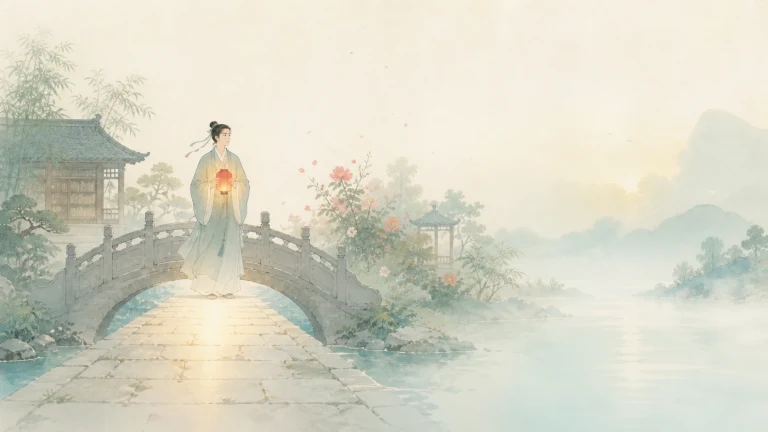 女子提着发光的红灯笼走过湖上石拱桥