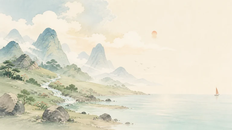 溪流穿过青绿山地汇入海湾，远处有一艘帆船